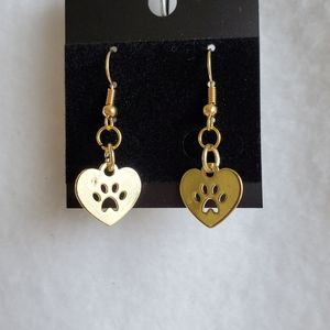 Womens gold paw and hearts hook earrings